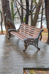A recreation bench made of wood in a city park in autumn