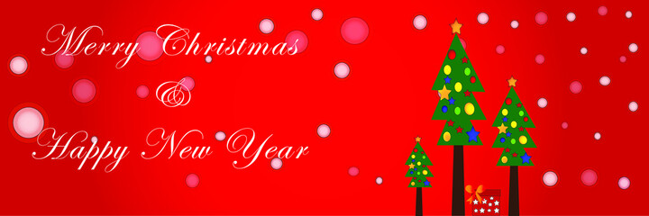 merry Christmas ,happy new year typography on winter landscape background with white  snow falls from sky and vibrant red background beneath and Christmas tree decorated with stars and jingle bells .