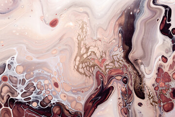 Fluid Art. Abstract marble background or texture. Waves and bubbles in natural colors with golden...