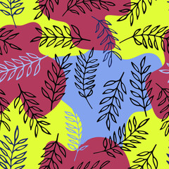 Beautiful bright pattern with tropical leaves and branches. Exotic plants in a bright seamless pattern. Vector illustration.