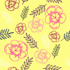 Fototapeta premium Beautiful bright pattern with tropical hibiscus flowers, leaves and branches. Exotic plants in a bright seamless pattern. Vector illustration.
