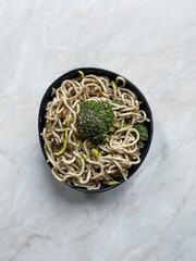 Vegetarian or Vegan Midori Noodle with Coconut Milk, Edamame Beans, Broccoli, Green Curry Sauce and...