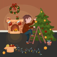Obraz na płótnie Canvas young man decorates a Christmas tree at home. vector illustration of celebrating christmas at home. decoration of a room with a fireplace