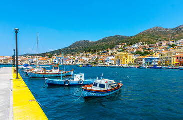 Fototapeta na wymiar Vathy Village street view in Samos Island. Samos Island is populer tourist destination in Aegean Sea.