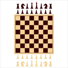 Chessboard and set of chess pieces. Board game. King, queen, bishop, knight, castle, pawn.