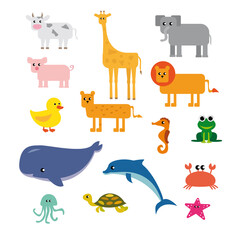 Big set of funny domestic and wild animals, marine mammals, reptiles, birds and fish.Collection of cute cartoon characters isolated on white background. Colorful illustration in flat style.
