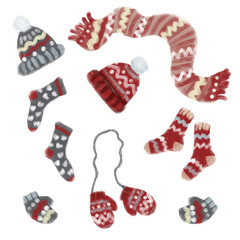 Illustration of winter clothes collection, knitted accessories for cold weather: scarf, hat, mittens, socks isolated on white background in cartoon style. Design elements for Christmas decoration