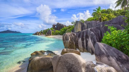 Crédence de cuisine en verre imprimé Anse Source D'Agent, île de La Digue, Seychelles rochers de granit au paradis sur la plage tropicale à anse source d& 39 argent sur la digue, seychelles