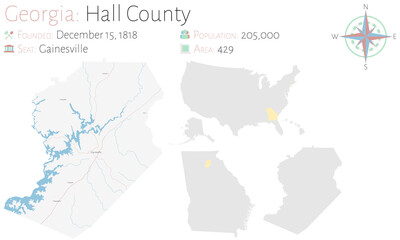 Large and detailed map of Hall county in Georgia, USA.
