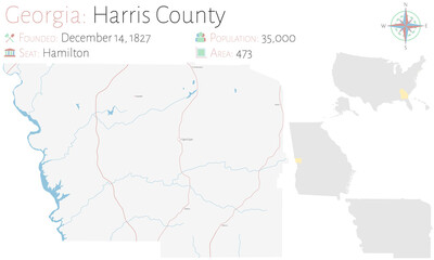 Large and detailed map of Harris county in Georgia, USA.
