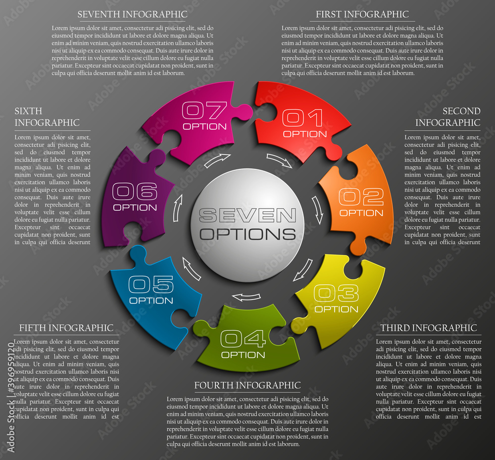 Fototapete seven sided 3d puzzle presentation infographic template with explanatory text field for business sta