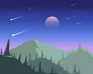 Illustration vector graphic of view of the silhouette of a night time with a full star. Blue gradient background. Good for natural landscape book cover, background for nature lovers community