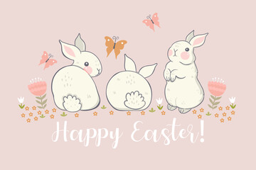 Greeting card with bunnies and flowers and the inscription Happy Easter. Vector graphics.