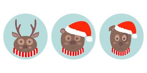 Animal faces icon set. Cute cartoon animals in the Christmas hat and scarf. Xmas Deer, Bear and dog heads. Vector illustration.