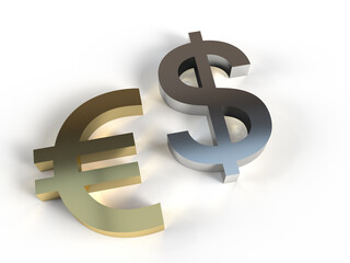 Euro and US Dollar 3D signs on white background (EUR, USD)