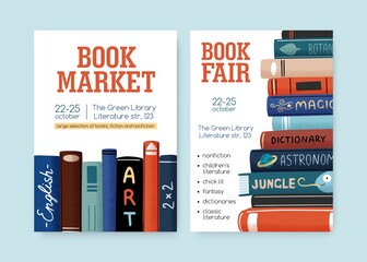Set of book market and fair posters with place for text vector flat illustration. Announcement template of commerce literature event at library. Promo with entertainment and educational books