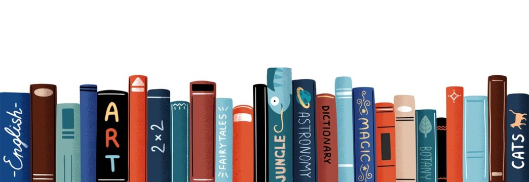 Row of different colorful books vector flat illustration. Educational or entertainment textbooks with multicolored covers horizontal background. Literature backdrop isolated on white
