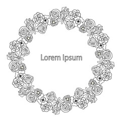 Flowers wreath round frame Lorem Ipsum hand drawn art design element for web, for print