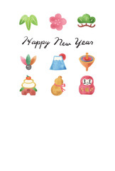2021年賀状テンプレート　お正月のアイコン　水彩画