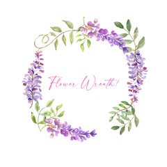Watercolor illustration. A wreath of twigs of blooming wisteria. Watercolor floral wreath