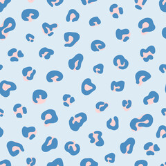 Leopard texture seamless pattern in blue and pink colors. Hand drawn vector illustrations for textile, fabric, wallpaper, paper design.