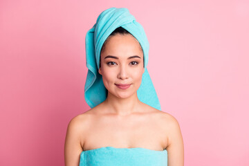 Photo of young attractive woman happy enjoy spa treatment nourishing hydration isolated over pink color background