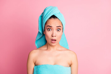 Photo of young asian woman amazed shocked sad upset spa treatment isolated over pastel color background