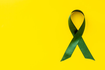Green awareness ribbon- children mental health lymphoma kidneys cancer awareness symbol. Top view