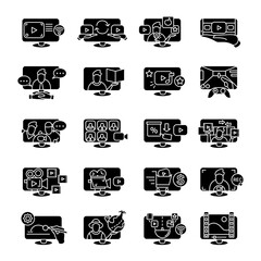 Video production glyph icons set.Collection of filled flat signs for video call,conference, live stream and vlogging. Mobile media players linear elements set.Isolated silhouette vector illustrations 