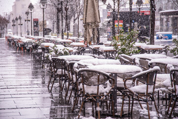 Restaurants closed on a snowy day during city lockdown caused by corona virus covid-19 pandemic. Belgrade, Serbia