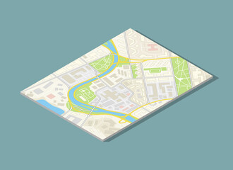 Fototapeta na wymiar Isomrty City map navigation, color paper design background, drawing schema, 3D isometric simple city plan GPS navigation on paper city map. Route of delivery check point graphic