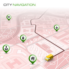 City map navigation route, point markers delivery van, isometry schema itinerary delivery car, city plan GPS navigation, itinerary destination arrow city map. Route delivery truck check point graphic
