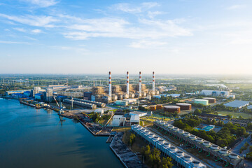 Fototapeta na wymiar Aerial view morning time scene of Bang Pakong power plant. gas power plant. Thermal power plants and fuel oil,