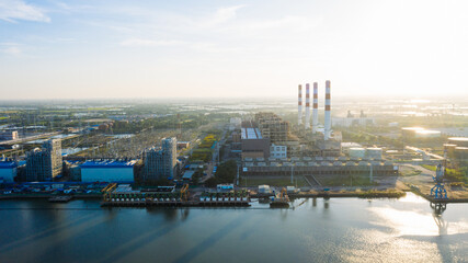 Aerial view morning time scene of  Bang Pakong power plant. gas power plant. Thermal power plants...