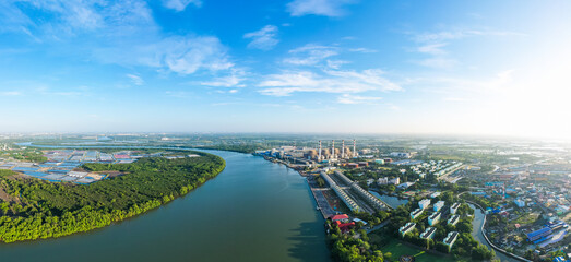Panorama aerial view morning time scene of gas power plant. Thermal power plants and fuel oil, Bang...