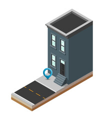 Isometric city map navigation, point markers background, flat isometry drawing home, 3D simple city house GPS navigation, final destination arrow paper city home. Route delivery check point graphic