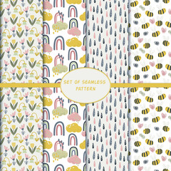 A bright set of seamless patterns with cartoon flowers, bees, raindrops and rainbows. Bright vector illustrations. Great for bedding design, children's room, greeting cards, covers, scrapbooking