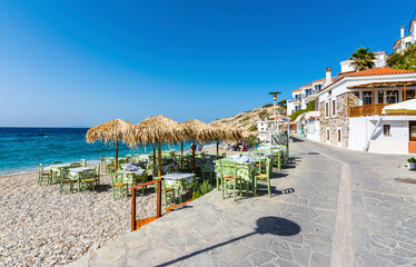 Kokkari Village coastal view in Samos Island of Greece.