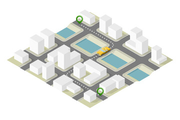 Yellow cab isometric city. Online navigation application order taxi service. Isometry car flat isometric route town. 3D taxi classic vehicle itinerary road city. Get a taxi online phone application
