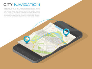 Isometric City map smartphone navigation, Isometry phone point marker, 3d flat schema isometric city plan GPS navigation tablet, itinerary destination arrow paper city map. Route isometric check point