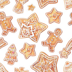 Seamless pattern with gingerbread traditional cookies on white background. Christmas watercolor design for wrapping paper, prints, kitchen and bakery decor.