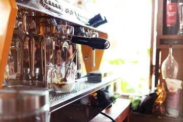 Coffee machine in cafe selective focus Prepare making hot coffee espresso with Professional coffee machine