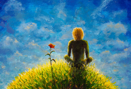 The Little Prince and the Rose on a planet in beautiful night sky. Acrylic oil painting illustration. Hand-drawn art.