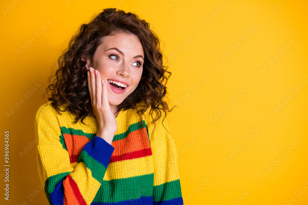 Sticker close-up portrait of nice lovely cheerful cheery girl looking aside copy empty space isolated on bri