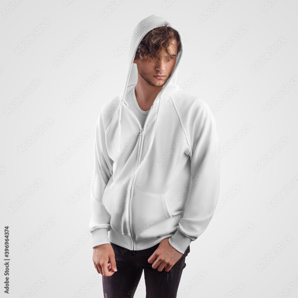 Wall mural Template of a white casual hoodie with ties, pocket, zipper, on a guy in a hood, front view, for presentation of design, print.