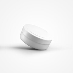 Mockup of a white plastic jar with a lid, flat container for cream, gel, isolated on background.