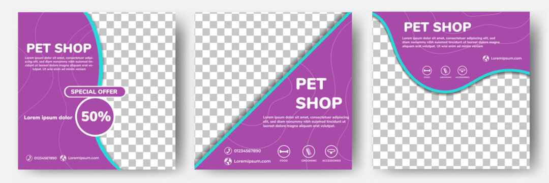 Set of editable square banner templates. Pet shop social media post template design with photo collage. Usable for social media post, story and web internet ads.