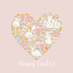 Greeting card with bunnies and flowers and the inscription Happy Easter. Vector graphics.