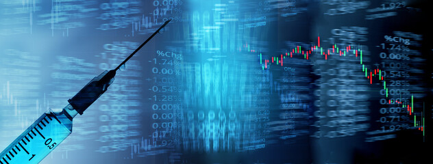 corona virus vaccine syringe and graph of stock market in medical health science business blue banner background