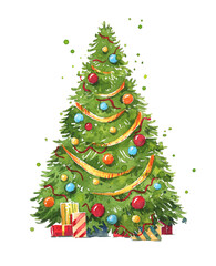 Decorated traditional Christmas tree watercolor illustration hand painted